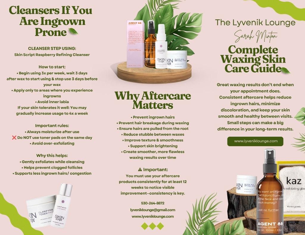 Waxing aftercare brochure — page 2: Cleansers for ingrown-prone skin, Why Aftercare Matters, Complete Waxing Skin Care Guide